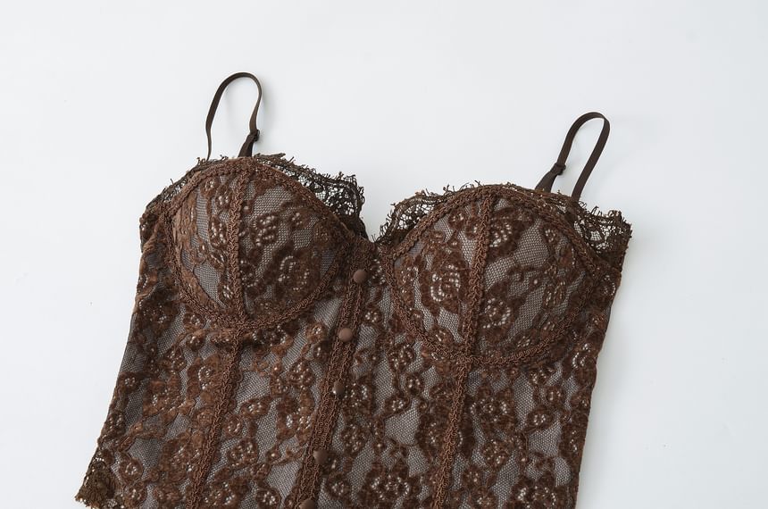 Lace-Trimmed Corset Crop Top with Slit