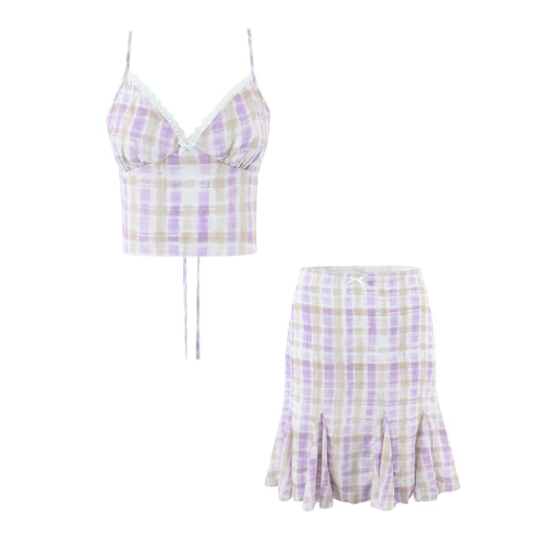 V-Neck Plaid Lace Trim Tie Back Crop Camisole Top / Low Rise Mermaid Skirt