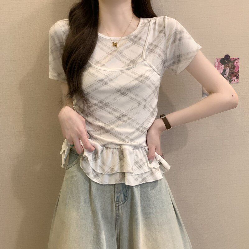 Plaid Ruffle Mock Two-Piece Round Neck Top