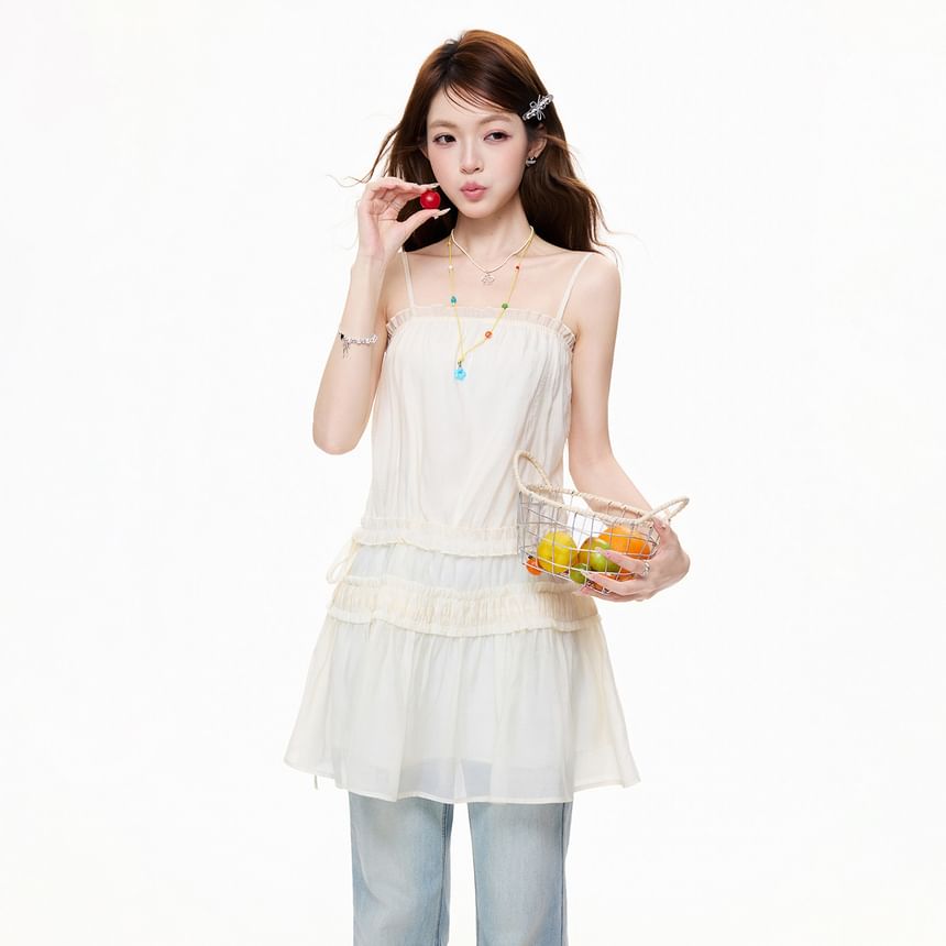 Spaghetti Strap Plain Drawstring Panel Mesh Mini A-Line Dress