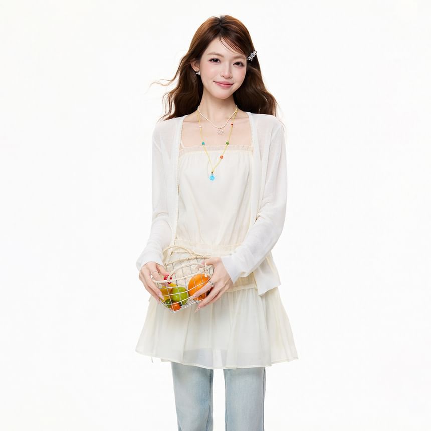 Spaghetti Strap Plain Drawstring Panel Mesh Mini A-Line Dress