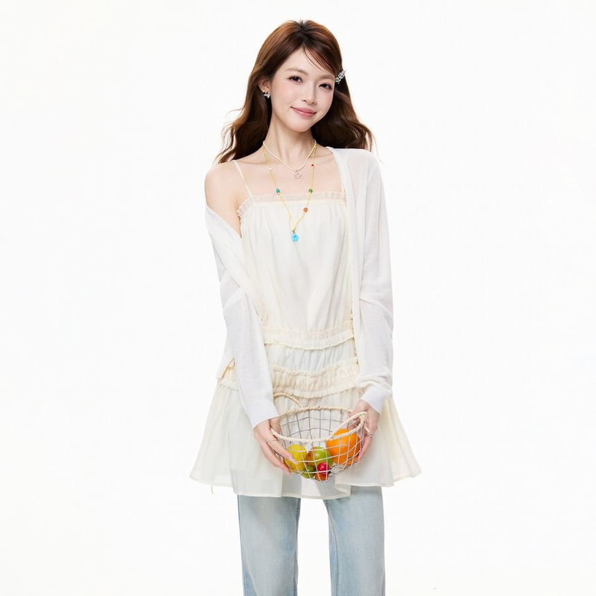 Spaghetti Strap Plain Drawstring Panel Mesh Mini A-Line Dress