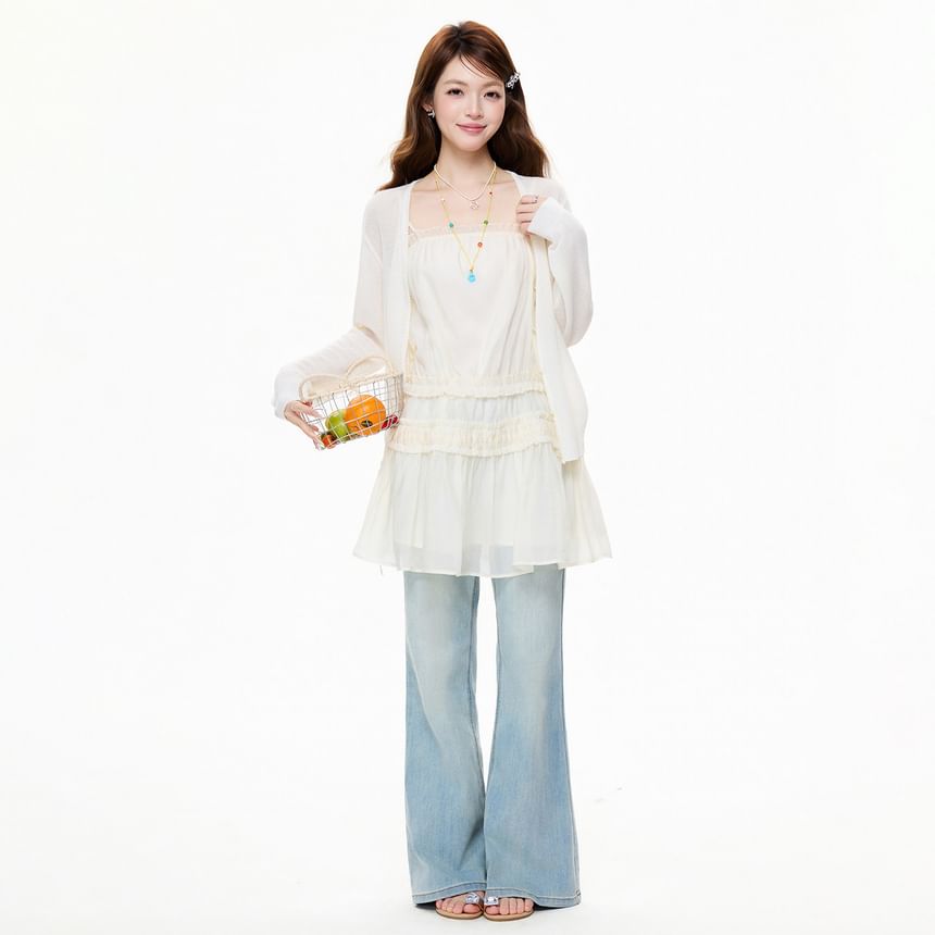 Spaghetti Strap Plain Drawstring Panel Mesh Mini A-Line Dress