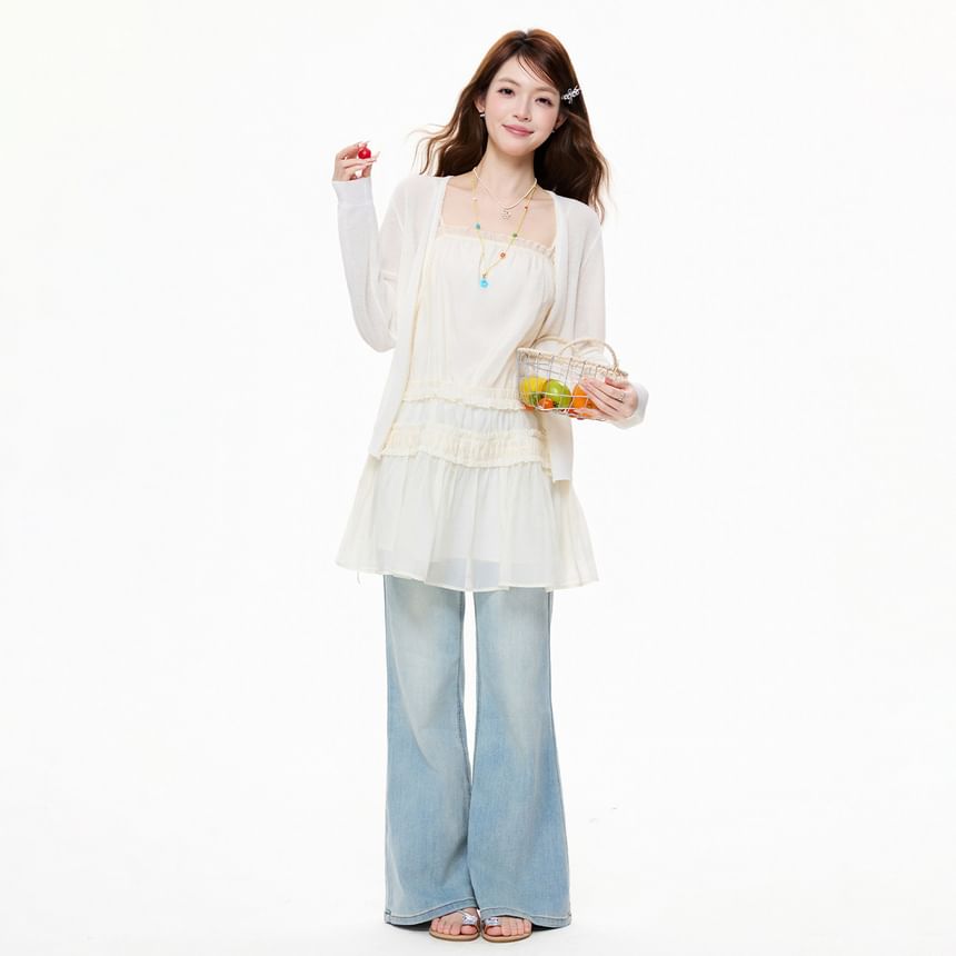 Spaghetti Strap Plain Drawstring Panel Mesh Mini A-Line Dress