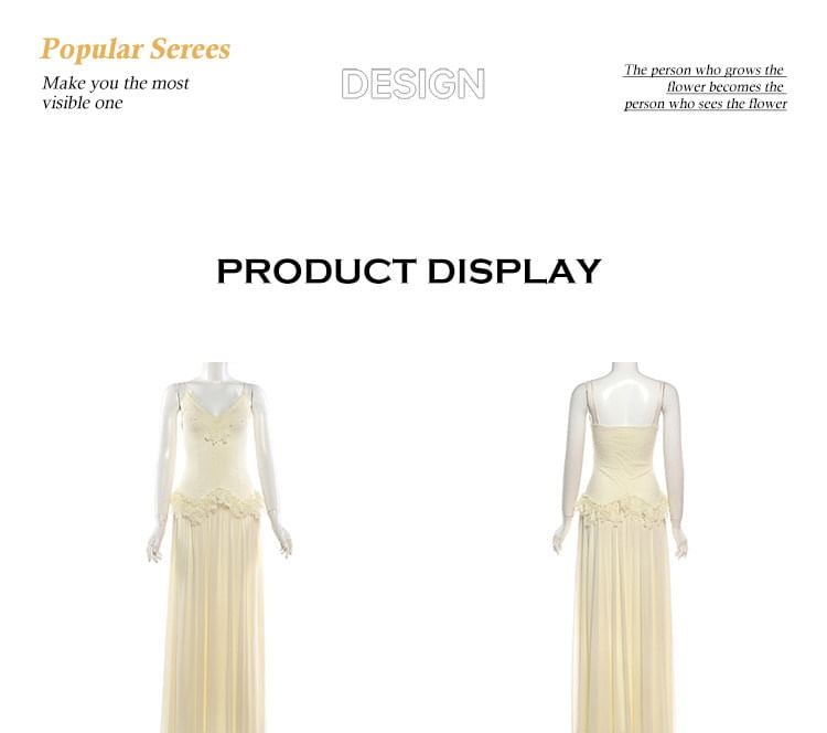 Spaghetti Strap V-Neck Plain Ruffle Panel Lace Maxi A-Line Dress