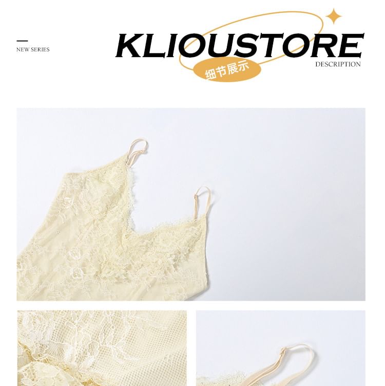 Spaghetti Strap V-Neck Plain Ruffle Panel Lace Maxi A-Line Dress