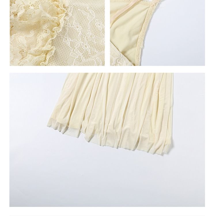 Spaghetti Strap V-Neck Plain Ruffle Panel Lace Maxi A-Line Dress