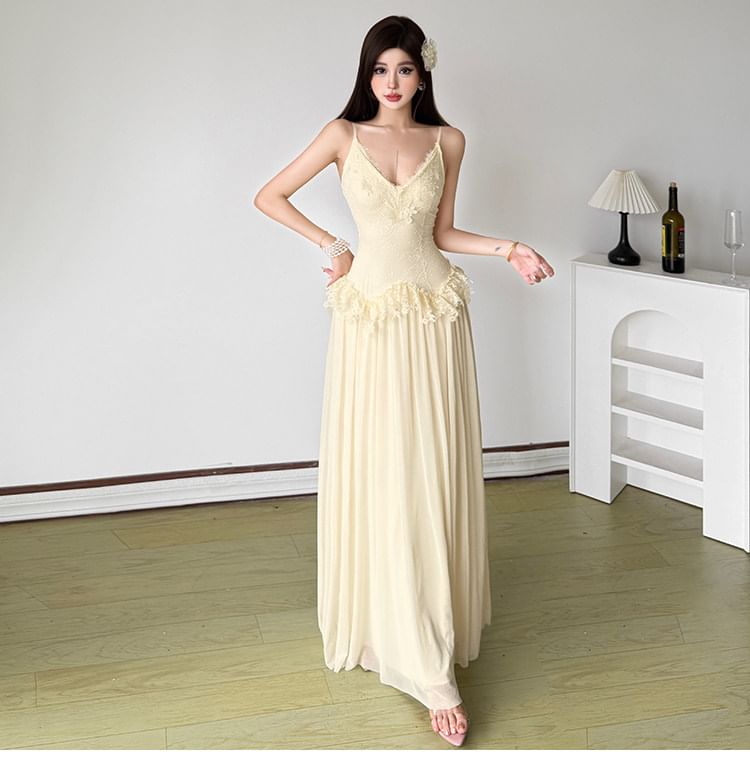 Spaghetti Strap V-Neck Plain Ruffle Panel Lace Maxi A-Line Dress