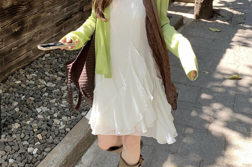 Spaghetti Strap Plain Ruffle Mini A-Line Dress / V-Neck Plain Cardigan