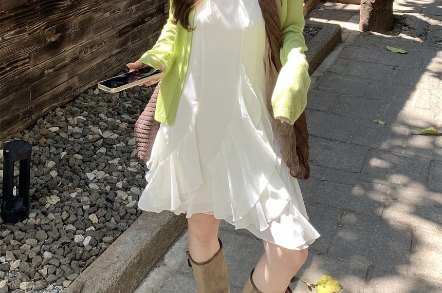Spaghetti Strap Plain Ruffle Mini A-Line Dress / V-Neck Plain Cardigan
