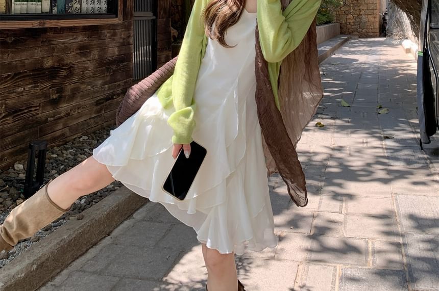 Spaghetti Strap Plain Ruffle Mini A-Line Dress / V-Neck Plain Cardigan