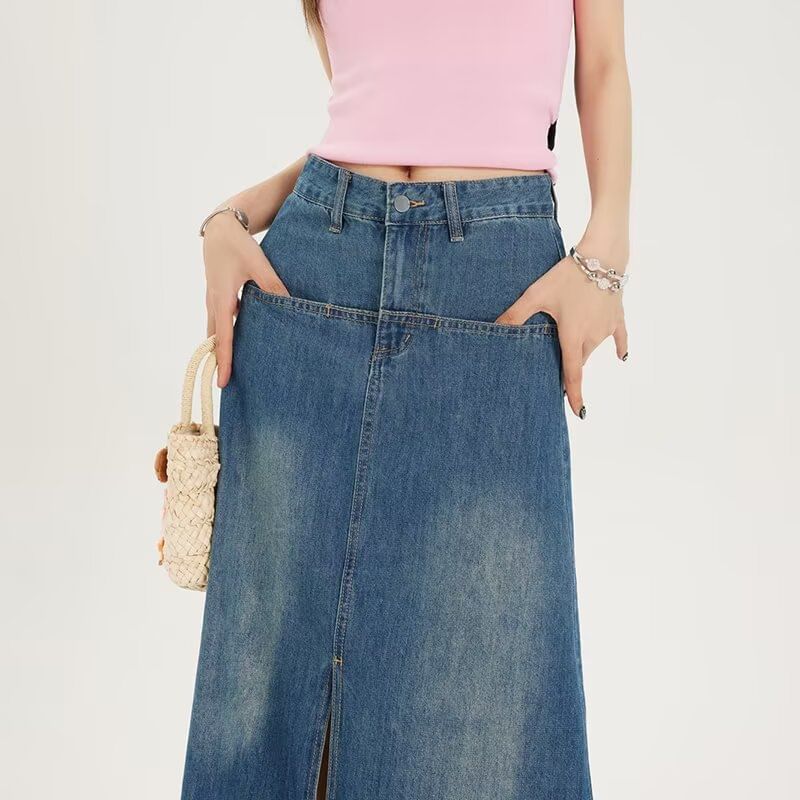 Mid Rise Washed Slit Maxi A-Line Denim Skirt