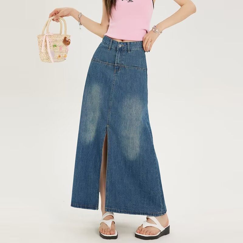Mid Rise Washed Slit Maxi A-Line Denim Skirt