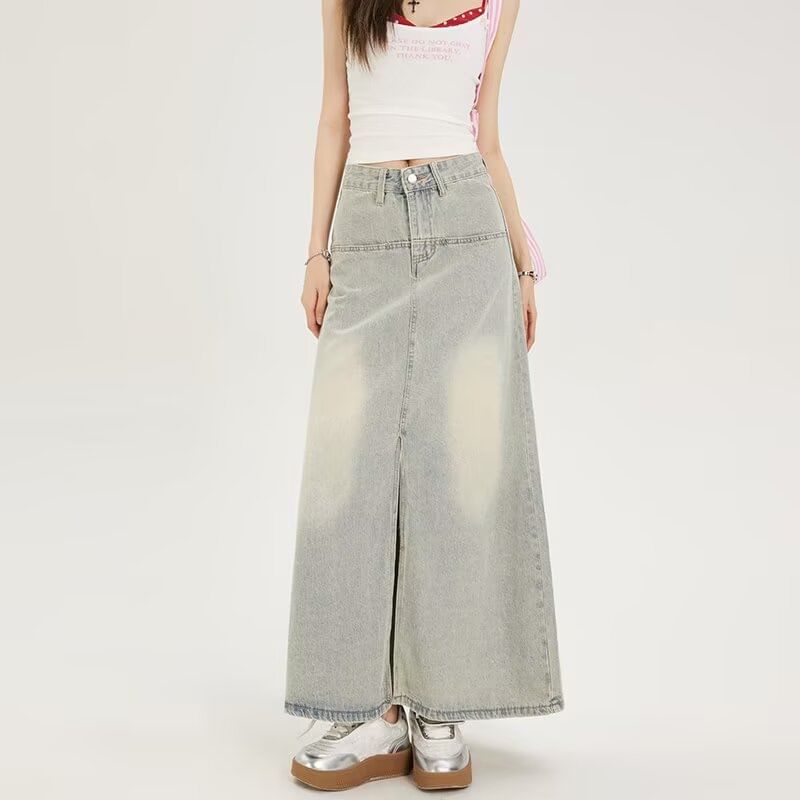 Mid Rise Washed Slit Maxi A-Line Denim Skirt