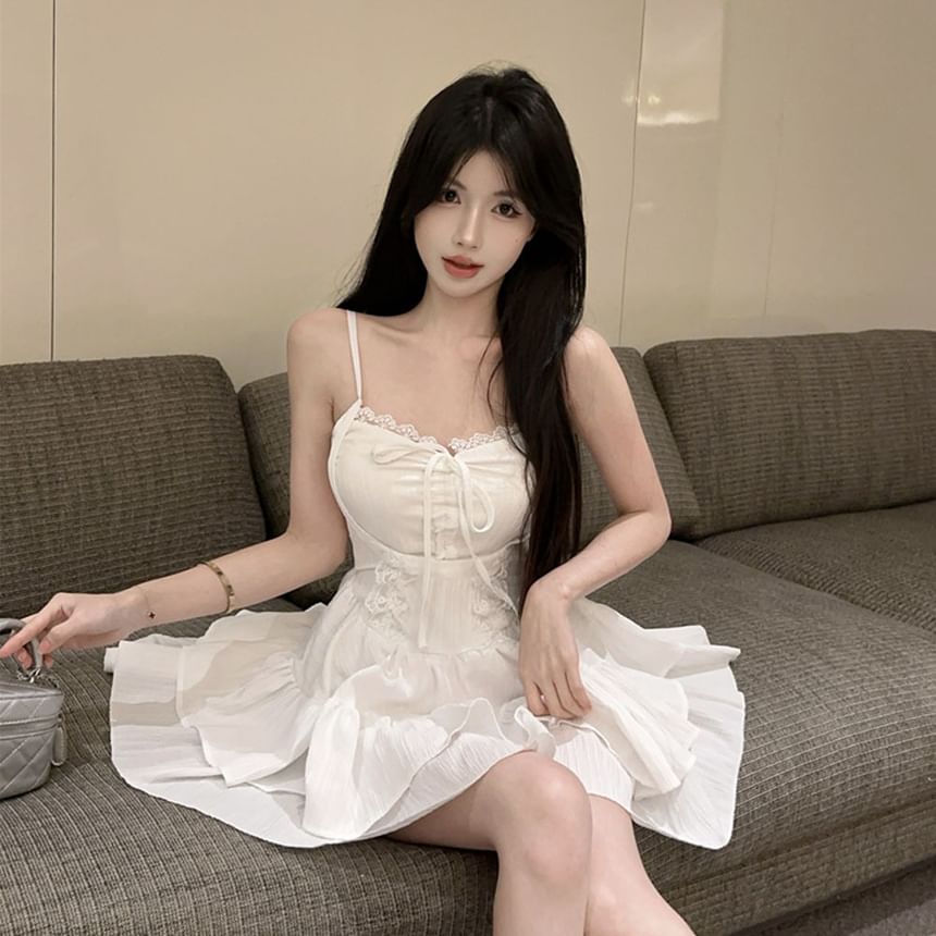 Spaghetti Strap V-Neck Lace Trim Mini A-Line Tiered Dress