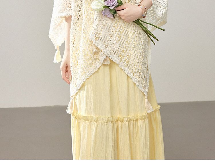 Spaghetti Strap V-Neck Plain Frill Trim Fringed Maxi A-Line Dress / Shawl