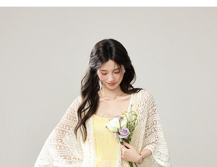 Spaghetti Strap V-Neck Plain Frill Trim Fringed Maxi A-Line Dress / Shawl