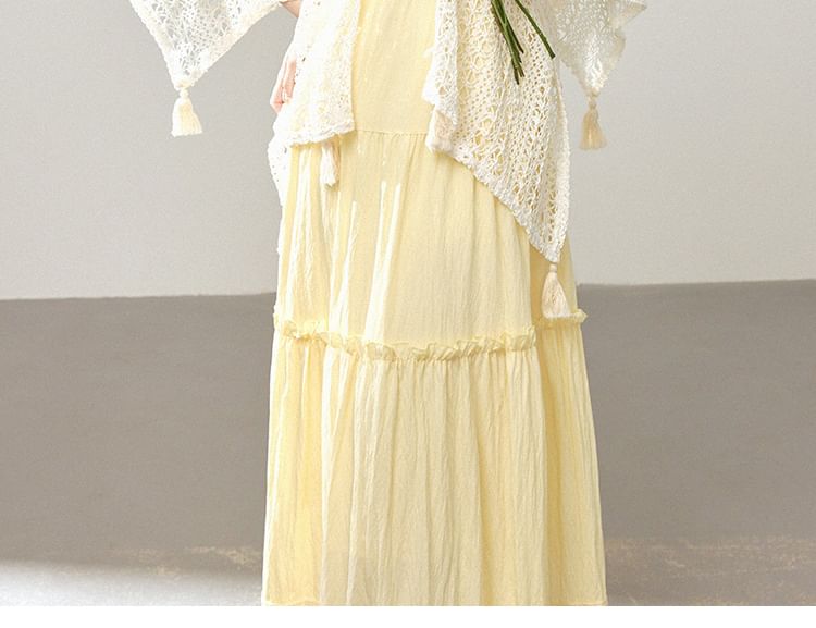 Spaghetti Strap V-Neck Plain Frill Trim Fringed Maxi A-Line Dress / Shawl