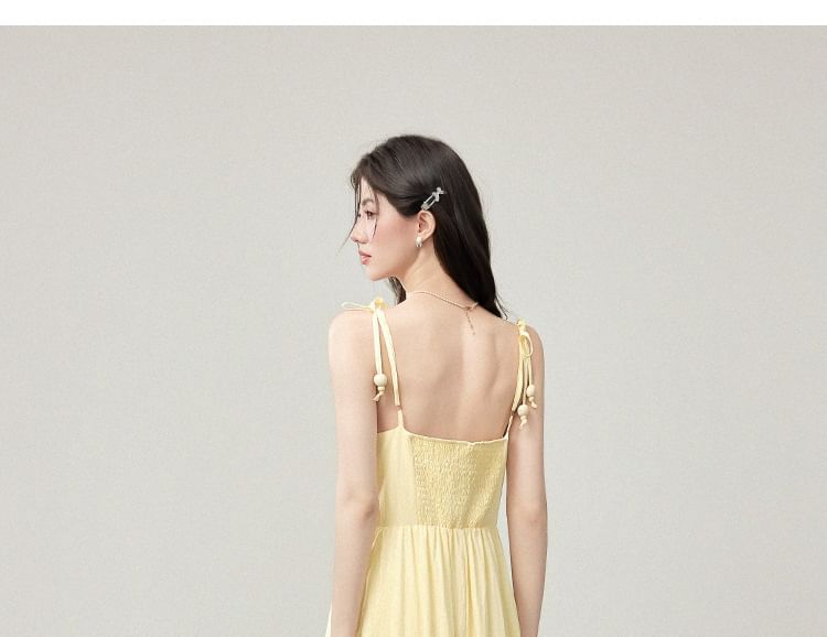 Spaghetti Strap V-Neck Plain Frill Trim Fringed Maxi A-Line Dress / Shawl