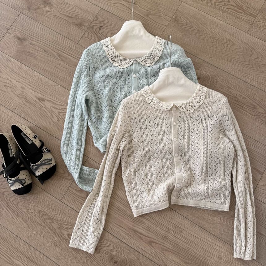 Lace Collar Perforated Button-Up Cardigan