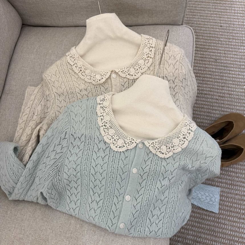 Lace Collar Perforated Button-Up Cardigan