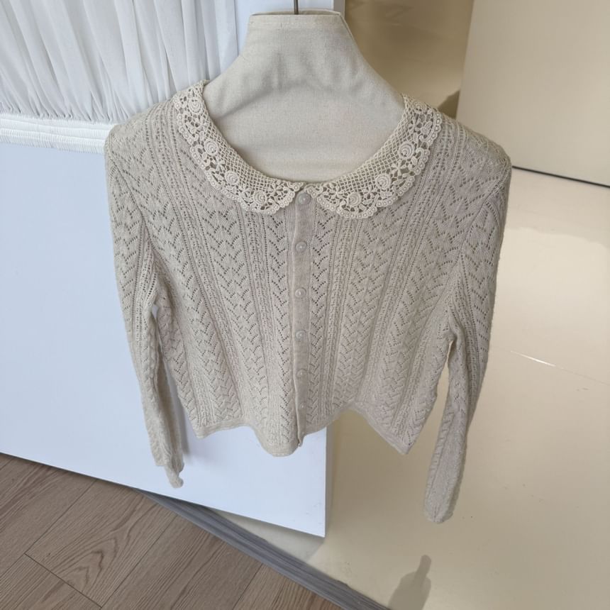 Lace Collar Perforated Button-Up Cardigan