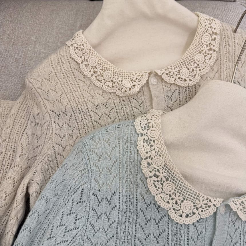 Lace Collar Perforated Button-Up Cardigan