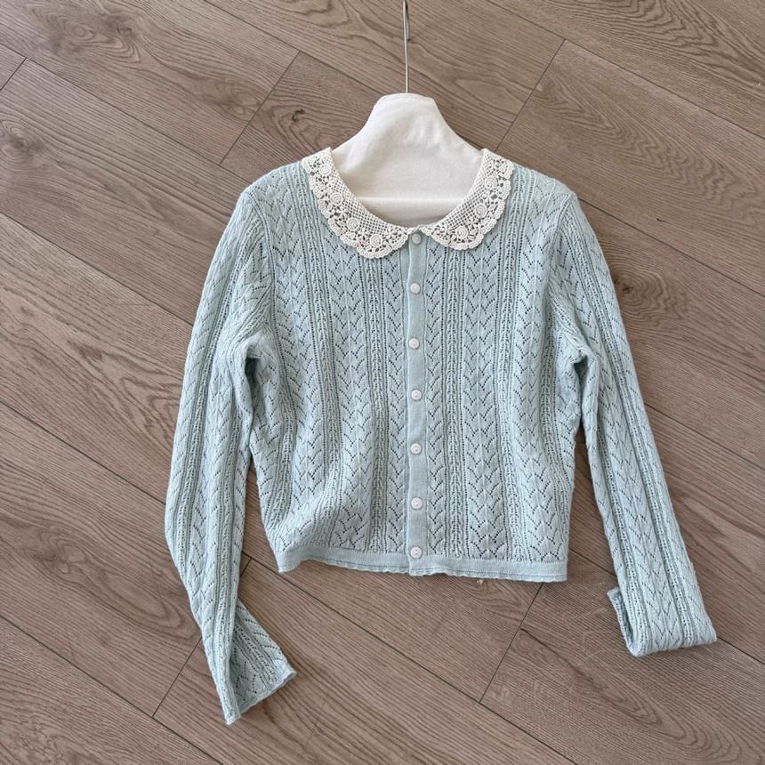 Lace Collar Perforated Button-Up Cardigan