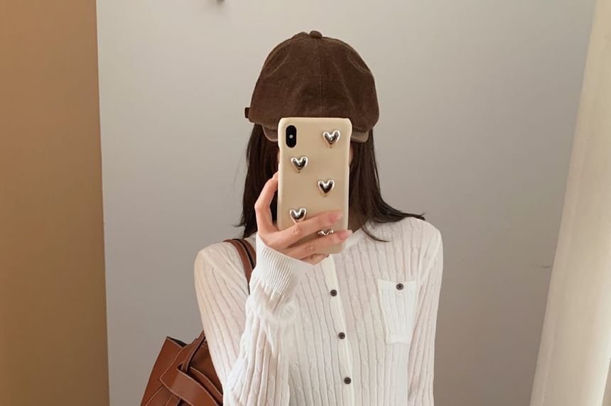 Crew Neck Button-Up Plain Cable Knit Cardigan