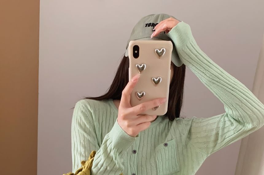 Crew Neck Button-Up Plain Cable Knit Cardigan