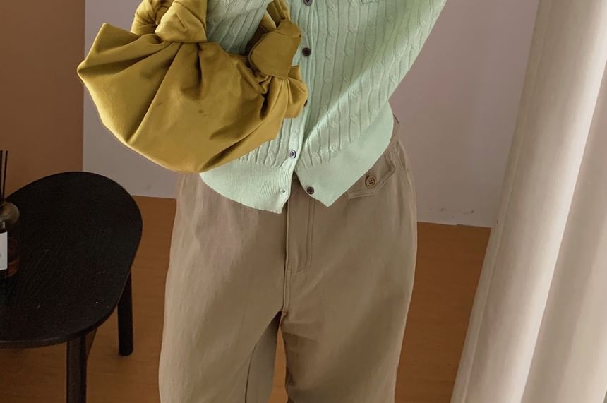 Crew Neck Button-Up Plain Cable Knit Cardigan