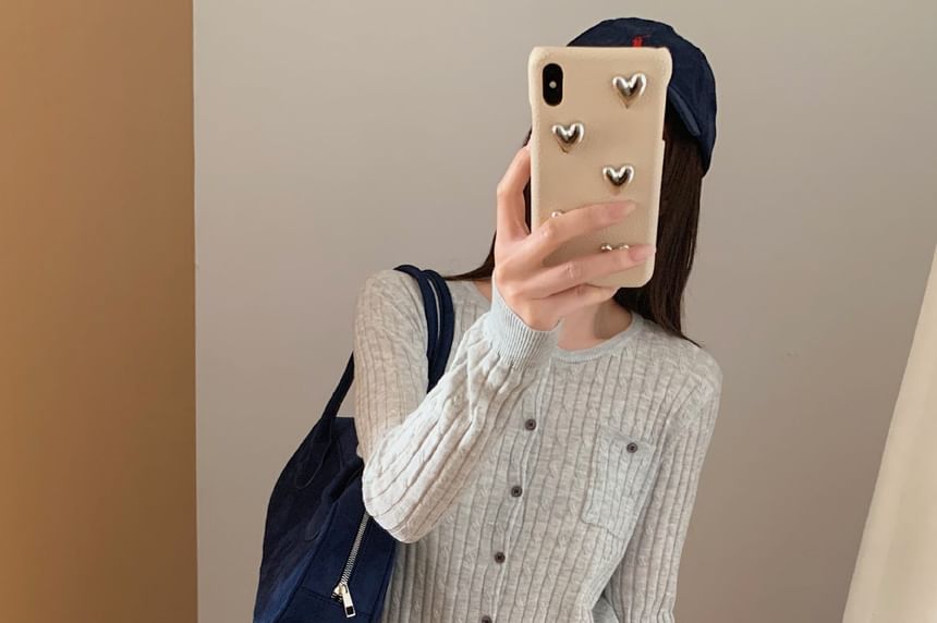 Crew Neck Button-Up Plain Cable Knit Cardigan