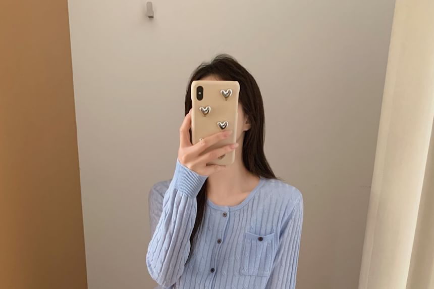 Crew Neck Button-Up Plain Cable Knit Cardigan