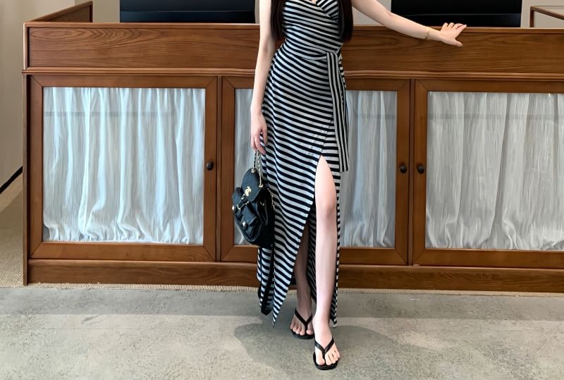 Sleeveless V-Neck Striped Slit Maxi A-Line Dress