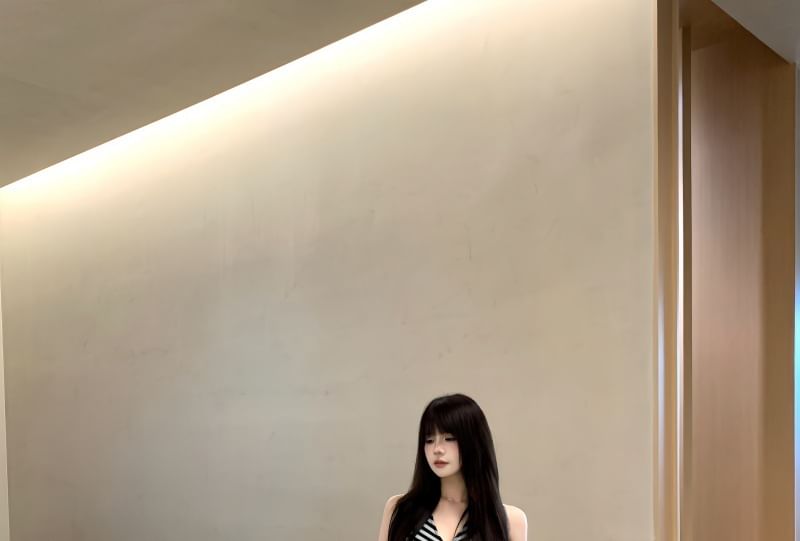 Sleeveless V-Neck Striped Slit Maxi A-Line Dress