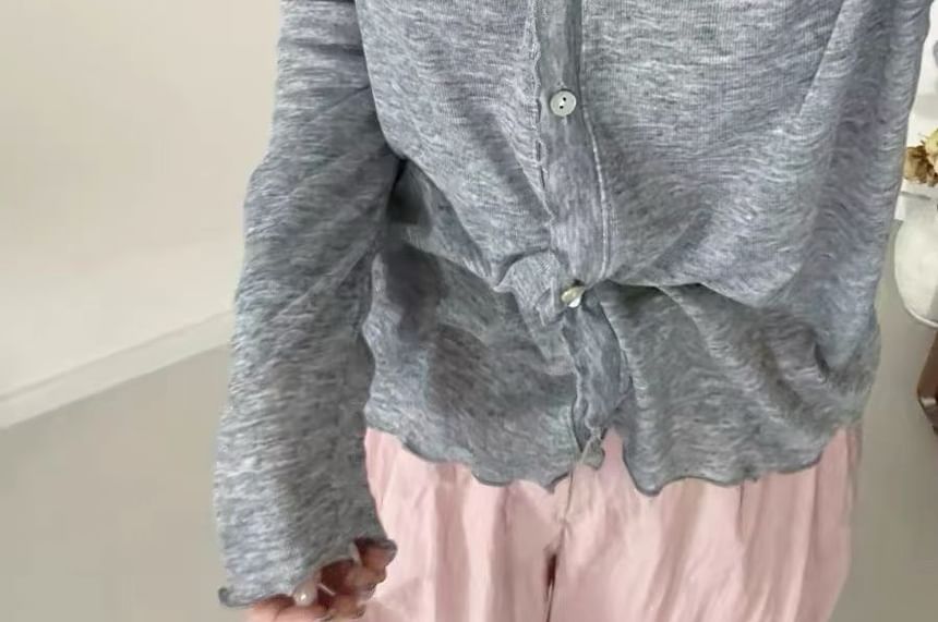 V-Neck Plain Lettuce Edge Cardigan