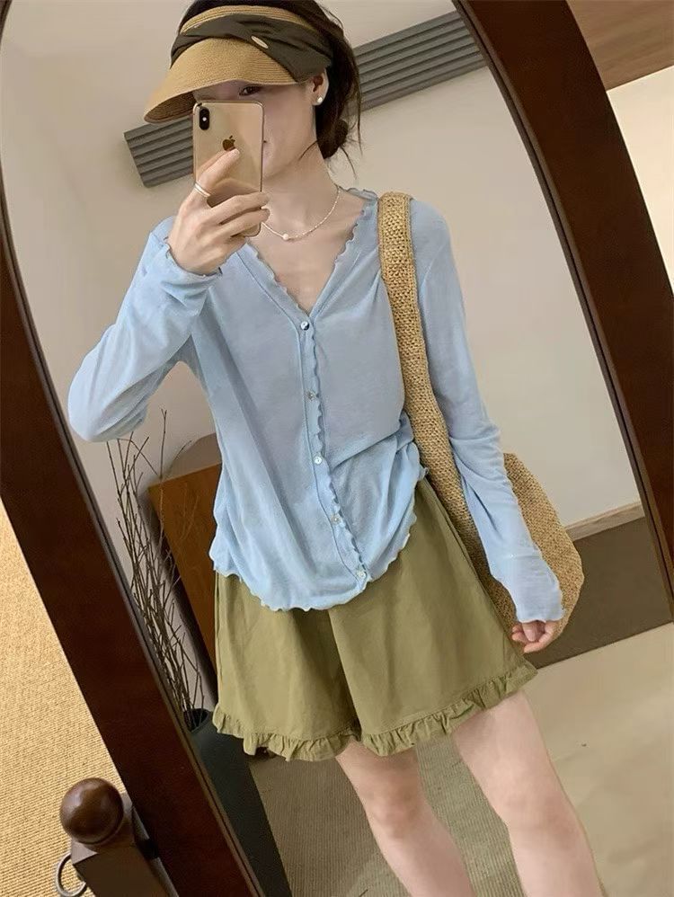 V-Neck Plain Lettuce Edge Cardigan