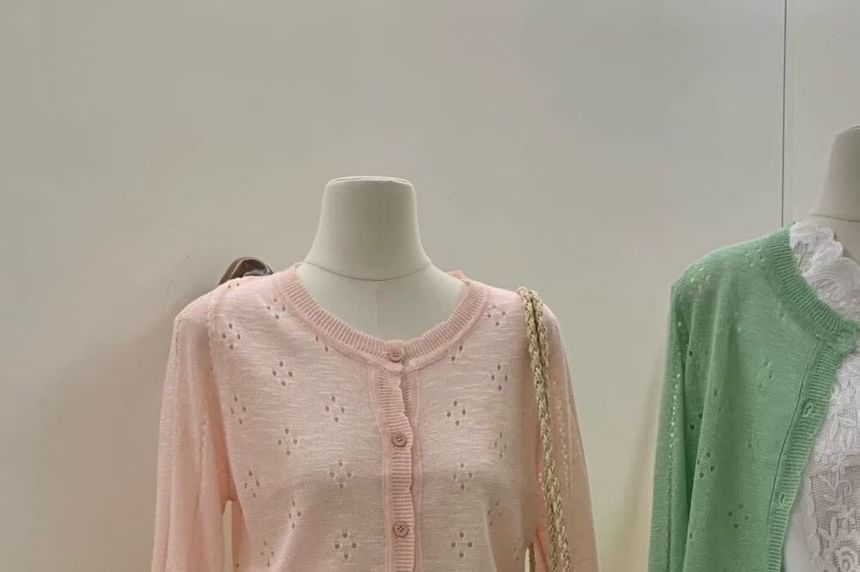 Round Neck Plain Pointelle Cardigan