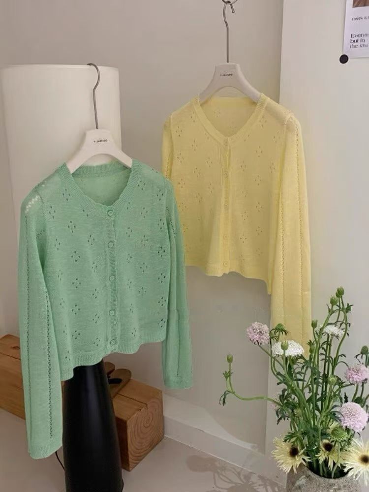 Round Neck Plain Pointelle Cardigan