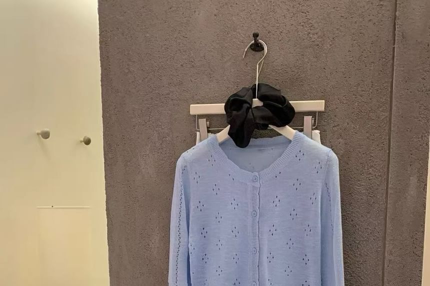 Round Neck Plain Pointelle Cardigan