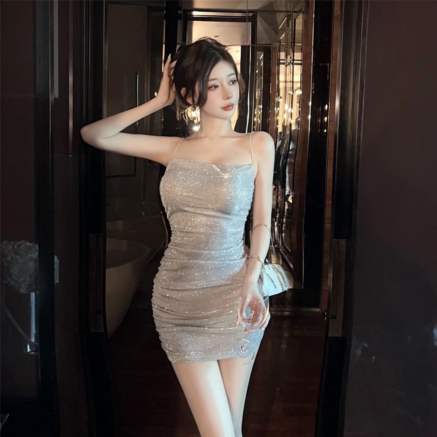 Spaghetti Strap Plain Glitter Ruched Mini Sheath Dress