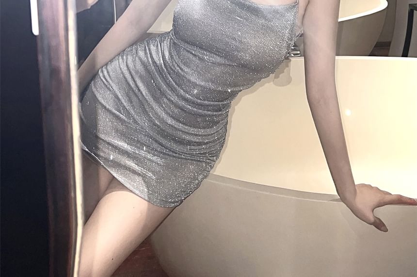 Spaghetti Strap Plain Glitter Ruched Mini Sheath Dress