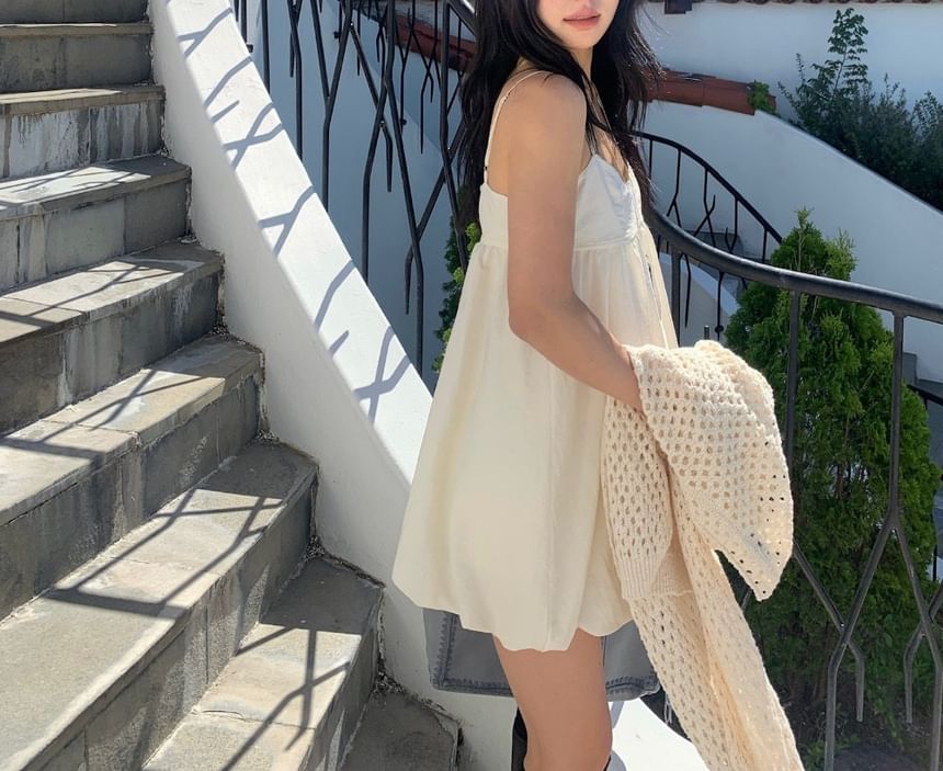 Spaghetti Strap V-Neck Plain Mini A-Line Dress