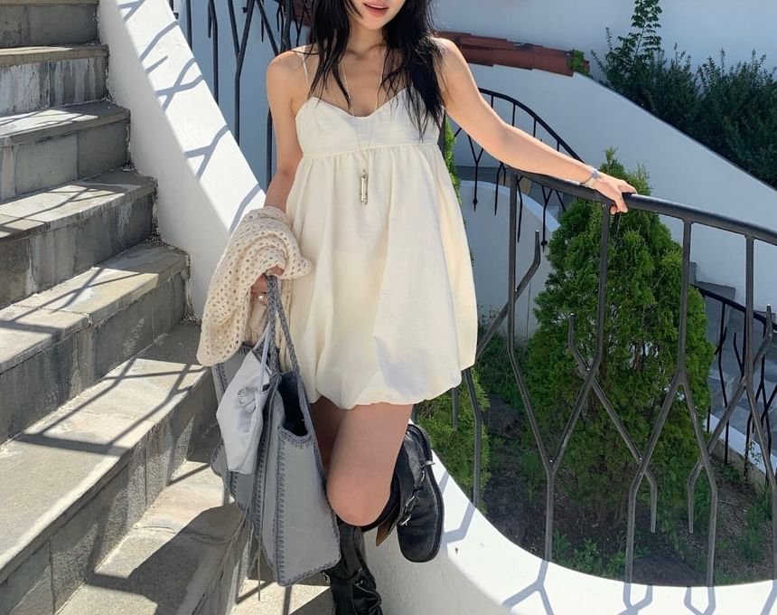 Spaghetti Strap V-Neck Plain Mini A-Line Dress