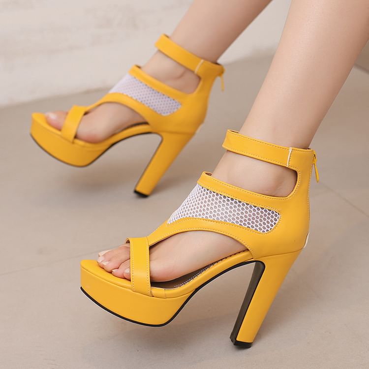 Ankle Strap Mesh Panel Platform Chunky Heel Sandals