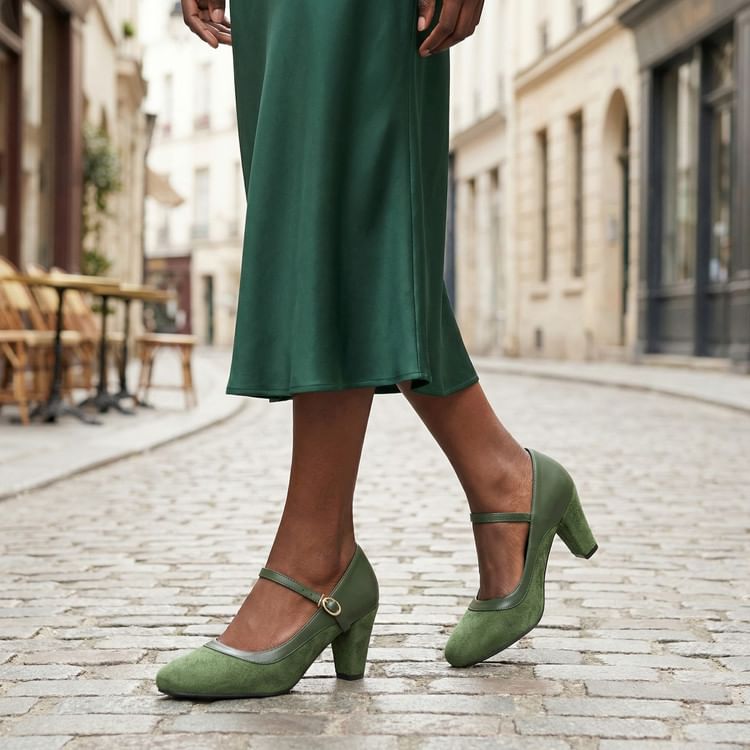 Almond Toe Chunky Heel Mary Jane Pumps