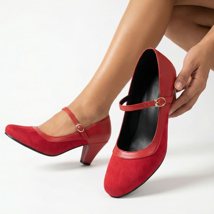 Almond Toe Chunky Heel Mary Jane Pumps