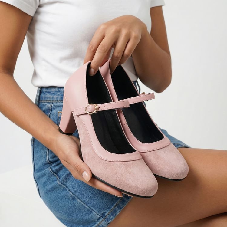 Almond Toe Chunky Heel Mary Jane Pumps