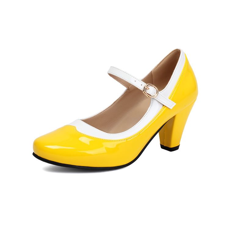 Round Toe Contrast Trim Chunky Heel Mary Jane Pumps