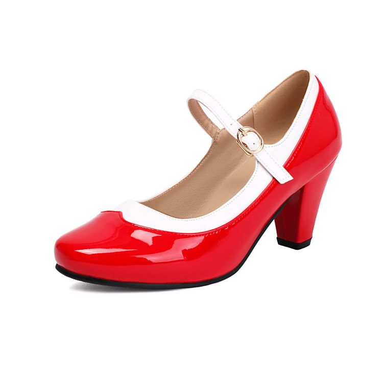 Round Toe Contrast Trim Chunky Heel Mary Jane Pumps